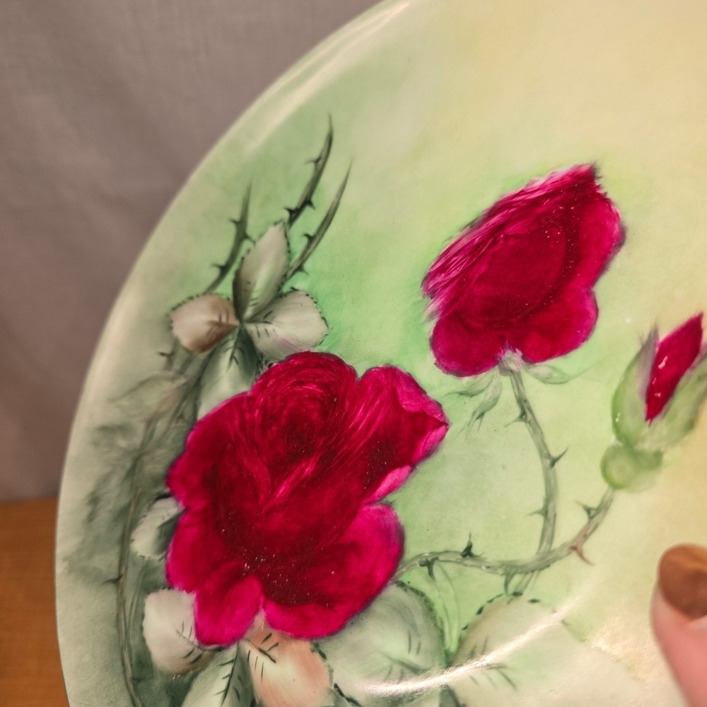 9" Haviland Limoges France Hand-Painted Display Plate Gold Rimmed Rose Red Green - Picture 8 of 8